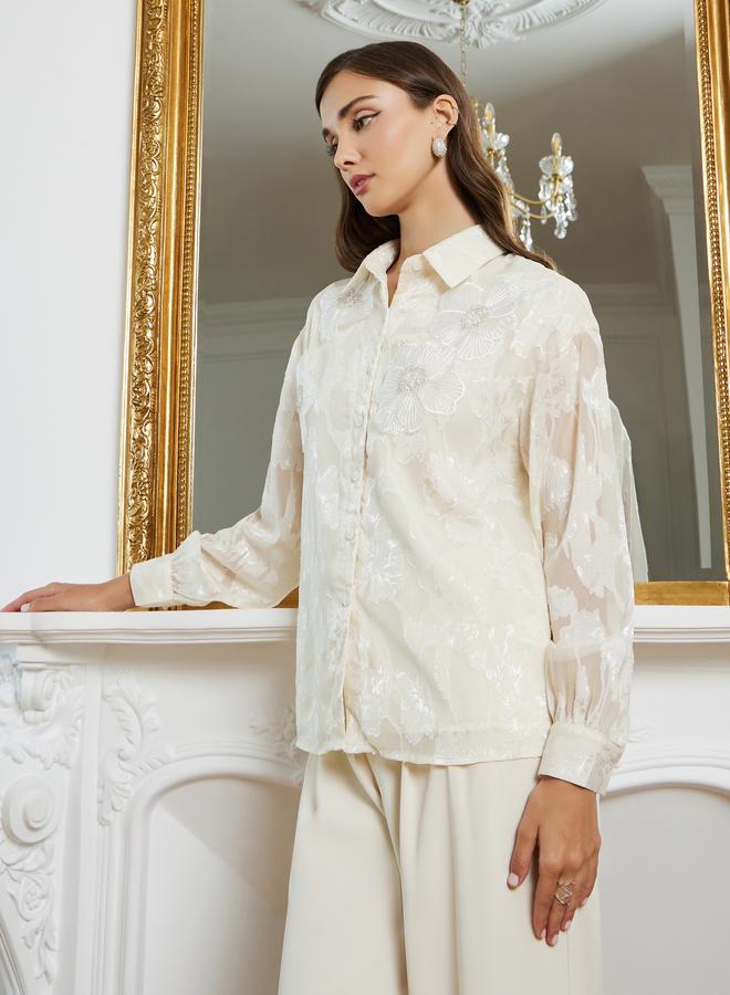 ستايلي بلوزة شفافة جاكار بأزهار - Image 2